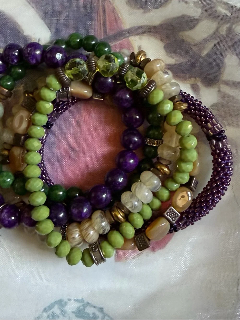 Boho Beaded Bracelet Stack • Gemstone Mix • Purple Green Gold Tones - Picture 2 of 8